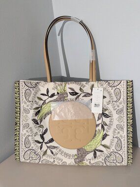 Tory Burch NWT LARGE Ella Printed Tote Bag Purse Mint Cockatoo